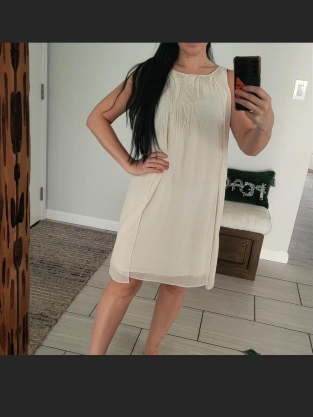 NIC+ZOE Cream Sleeveless Shift Dress with Front Embellishment